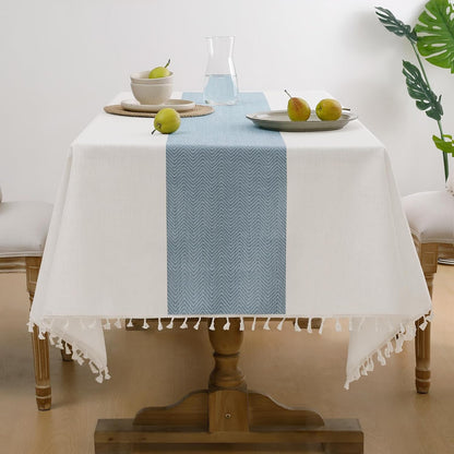 Outdoor Linen Tablecloth Rectangle, Waterproof Cotton Boho Farmhouse Table Cloths with Tassel, Heavy Weight Wrinkle Free Table Cover for Picnic Camping Dining - 55 X 70 Inch, Blue Stripe1