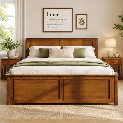 Walnut Full Size Wood Bed Frame with Headboard Under-Bed Storage Space5