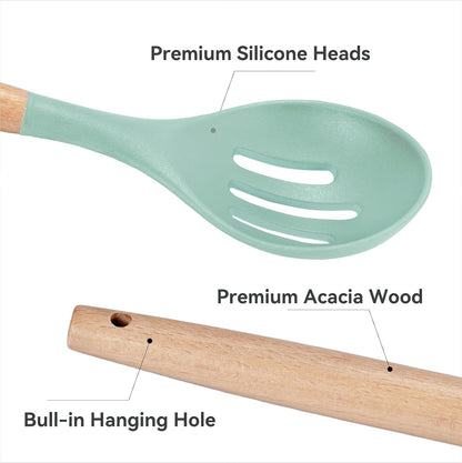 Kitchen Utensils Set, 5 Pcs Non-Stick Silicone Kitchen Cooking Utensils with Wooden Handle, Kitchen Spatula Cookware Utensils Set, Heat Resistant Silicone Kitchen Gadgets (Light Green)4