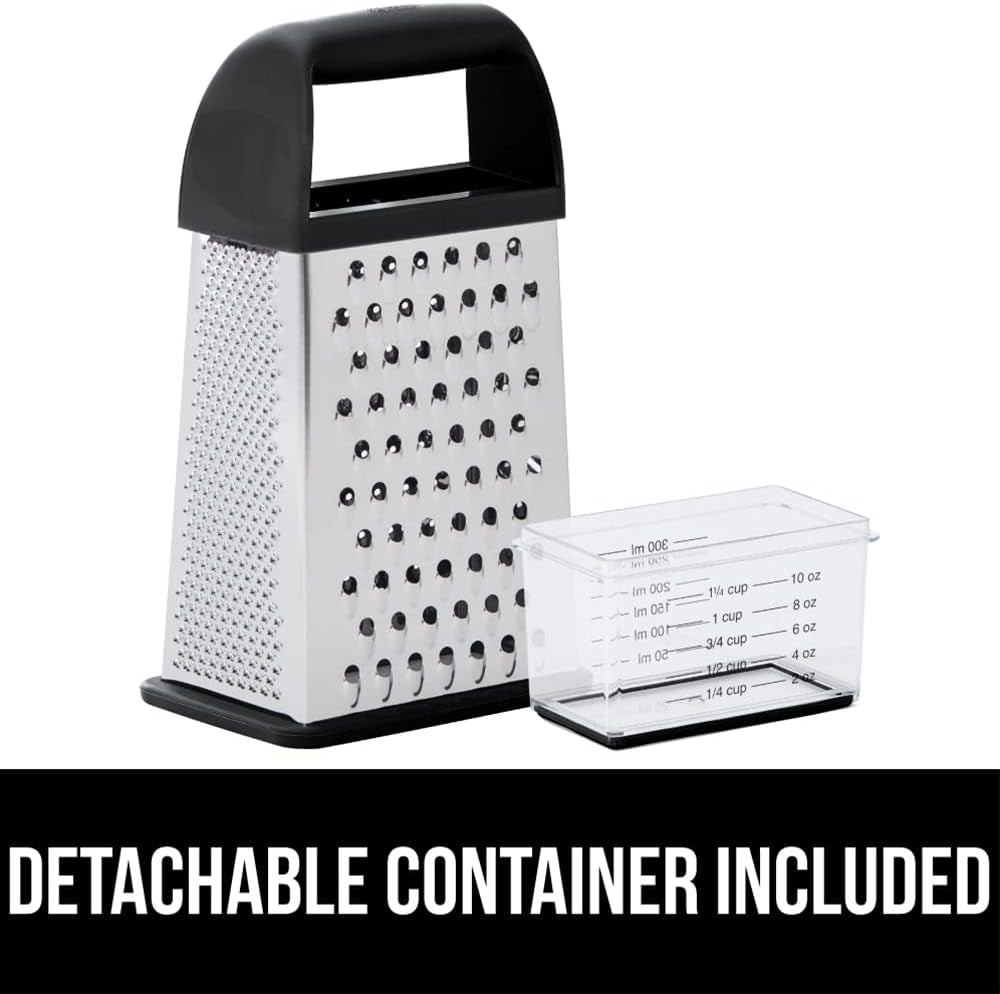 gorilla-grip®-xl-4-sided-stainless-steel-cheese-grater-with-measurement-container-bpa-free-box-grater-slip-resistant-base-grate-hard-parmesan-shred-veggies-zest-citrus-dishwasher-safe-black