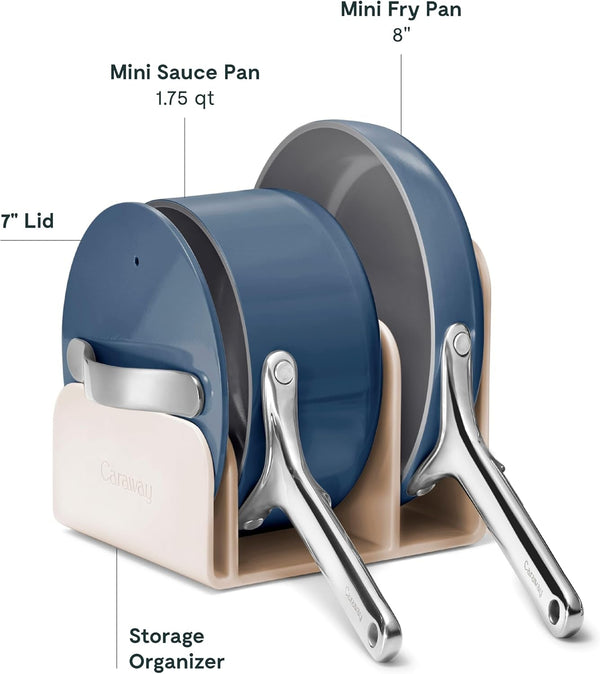 Caraway Non-Stick Ceramic Mini Cookware Set | Ceramic Fry Pan (1.05 Qt, 8") Sauce Pan (1.75 Qt) and Storage Rack, Non Toxic, PTFE & PFOA Free, Navy3