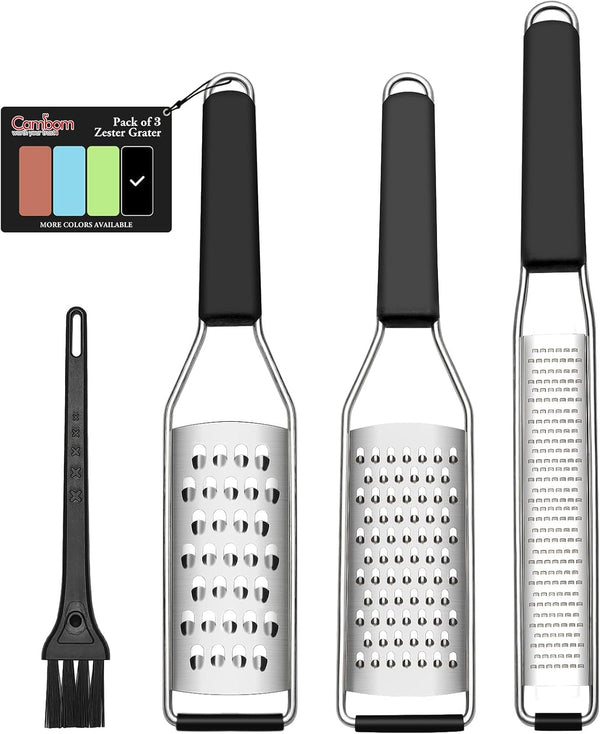 Lemon Zester Grater Three-Piece Suit - Heavy Duty Kitchen Tool for Parmesan Cheese, Ginger, Garlic, Nutmeg, Chocolate, Vegetables，Fruits，Stainless Steel Grater Dishwasher Safe Black1