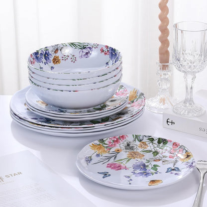 12-Piece Melamine Dinnerware Sets - Plates and Bowls Sets Floral5