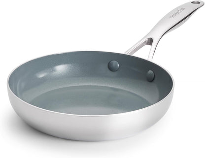 Valencia Pro Tri-Ply Stainless Steel 8” Frying Pan Skillet, Pfas-Free Ceramic Nonstick Coating, Induction Ready Cookware, All Cooktops, Eggs & Omelets, Dishwasher & Oven Safe 600F1