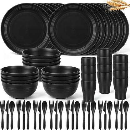 72 Pcs Wheat Straw Dinnerware Sets, Black1