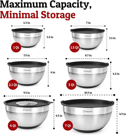 6Pc Stainless Steel Mixing Bowls with Lids Set, 7 Qt, Black | Non-Slip Nesting Bowls, 3 Graters and Interior Measurement Marks; for Meal Prep, Baking and Airtight Fridge Storage5