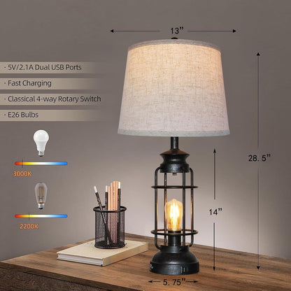 Table Lamps Set of 2 with USB Port 3 Way Dimmable Touch Lamps 28.5" Tall Rustic Industrial Living Room Lamps for Bedroom Bedside Office 4 Bulbs Included2