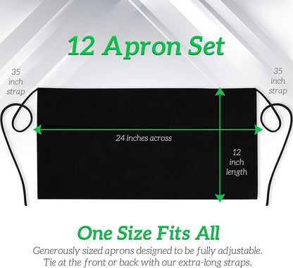 Server Aprons with 3 Pockets - Waist Apron, Waitress Apron for Women and Man, Water Resistant with Long Waist Strap Reinforced Seams, Half Apron (12 Pack - Black)4