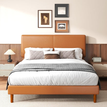 Queen Upholstered Platform Bed Frame with Headboard, Faux Leather Modern Bed Frame with Wood Slat Support, No Box Spring Needed, Easy Assembly, Orange-Brown1