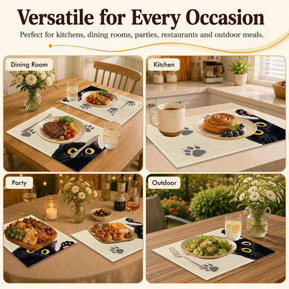 Dining Table Placemats Set of 6, Black Cat Paw Linen Table Mats 12 X 18 Inch, Washable Waterproof Stain Resistant Reusable Place Mats for Kitchen, Home Party Decor, Daily Use7