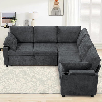 85" Chenille Sectional Sofa W/Pull Out Bed & Storage Space, Grey2