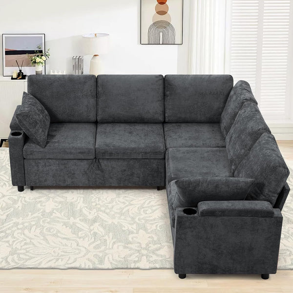 85" Chenille Sectional Sofa W/Pull Out Bed & Storage Space, Grey2