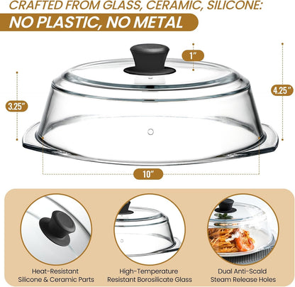 2 in 1, Tall Glass Microwave Splatter Cover for Food & Microwave Place Mat, Plate Splatter Guard Lid with Silicone Handle Knob, Cookware & Bakeware Serving Dish Cover, Food Grade, No Plastic, 10In2