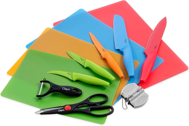 17-Piece Color-Coded Stainless Steel Knife & Cutting Mat Set | Elite Chef Set Includes 5 Knives, Kitchen Shears, a Vegetable Peeler and Knife Sharpener, with Color-Matching Cutting Mats+2