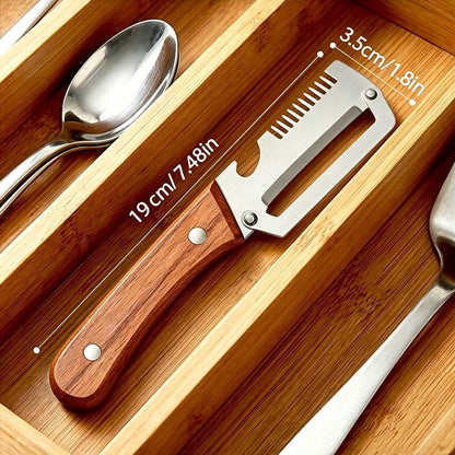 3 Pack Multifunctional Vegetable Peeler with Scallion Shredder and Bottle Opener, Wooden Handle Peelers for Kitchen, Handheld Peeler for Home Cooks7