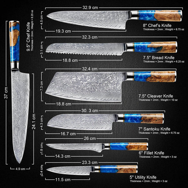 SENKEN Tsunami 7-Piece Damascus Kitchen Knife Set with Magnetic Knife Block – 67-Layer Japanese VG10 Steel – Chef, Santoku, Cleaver, Bread, Boning & More – Blue Resin Burl Wood Block8