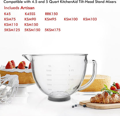 Glass Mixing Bowl 5 QT for Kitchenaid 4.5 and 5 Quart Tilt-Head Stand Mixers5