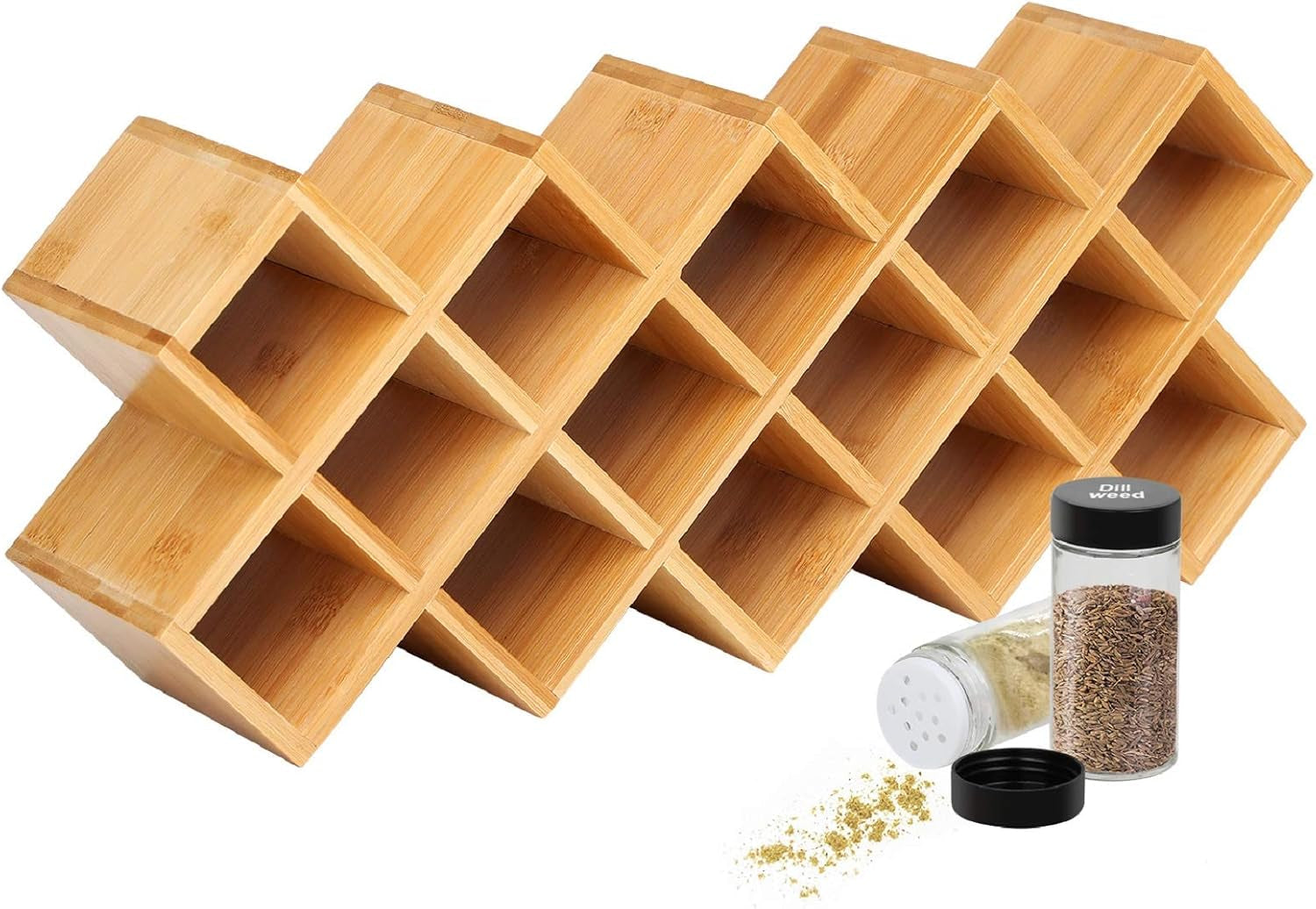 criss-cross-18-jar-bamboo-countertop-spice-rack-organizer-kitchen-cabinet-cupboard-wall-mount-door-spice-storage-fit-for-round-and-square-spice-bottles-free-standing-for-counter-cabinet-or-drawers