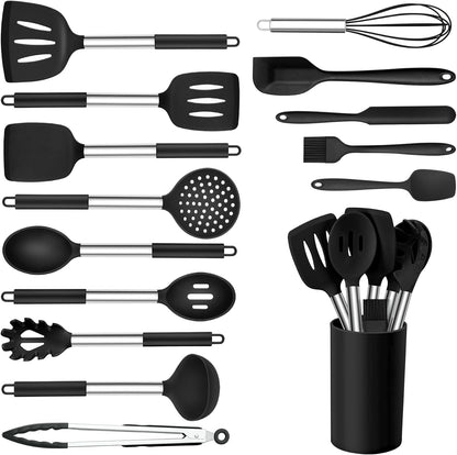Kitchen Utensils Set, 15 Pcs Silicone Cooking Utensils Set with Holder and Heat Resistant Stainless Steel Handle for Nonstick Cookware - Black1