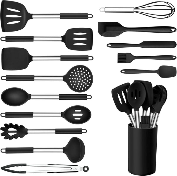 Kitchen Utensils Set, 15 Pcs Silicone Cooking Utensils Set with Holder and Heat Resistant Stainless Steel Handle for Nonstick Cookware - Black1