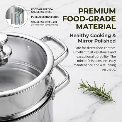 Stainless Steel Cookware Set, 16-Piece Pots and Pans Set Non Toxic, Kitchen Induction Cookware with Glass Lids, Steamer, Utensil Sets, Pot Protectors & Apron, Oven & Dishwasher Safe, Silver4
