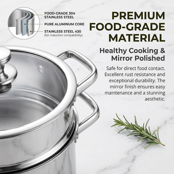 Stainless Steel Cookware Set, 16-Piece Pots and Pans Set Non Toxic, Kitchen Induction Cookware with Glass Lids, Steamer, Utensil Sets, Pot Protectors & Apron, Oven & Dishwasher Safe, Silver4