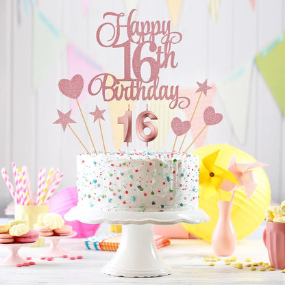 16Th Birthday Cake Decorations, 16Th Birthday Candles Cake Numeral Candles and Glitter Happy 16Th Birthday Cake Toppers Set for Birthday Party Supplies (Rose Gold)3