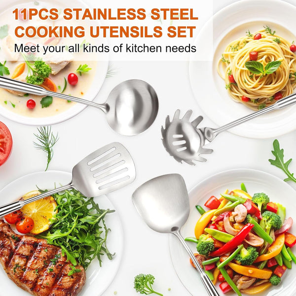 304 Stainless Steel Cooking Utensils Set, 11PCS Stainless Steel Utensils Set, Metal Cooking Utensils Set Include Meat Fork, Tongs, Turner, Soup Ladle, Dishwasher Safe8