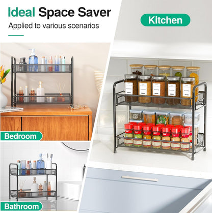 Spice Rack Organizer for Countertop, 2-Tier Foldable Metal Rust-Proof Standing Large Seasoning Storage Shelf with Guardrail and Mesh Design for Kitchen Cabinet Bathroom Living Room Pantry, Black7