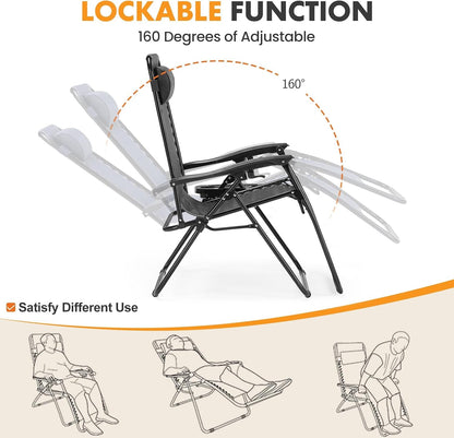 Zero Gravity Chairs Set of 2, Lounge Chair Folding Portable Adjustable Camping Reclining Chairs with Adjustable Pollow, Mesh Back, Cup Holder Trays Lawn Patio Chair for Pool Beach | Portable Lawn Camping Recliner with Adjustable Pillow, Mesh Back, Cup Hol6