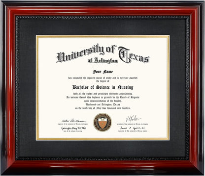 11X14 Diploma Degree Frame with Mat or Display 15X18 Certificates without Mat,Solid Wood,Cherry Finish with Intricate Black Rope Detail,Uv Protection Acrylic1