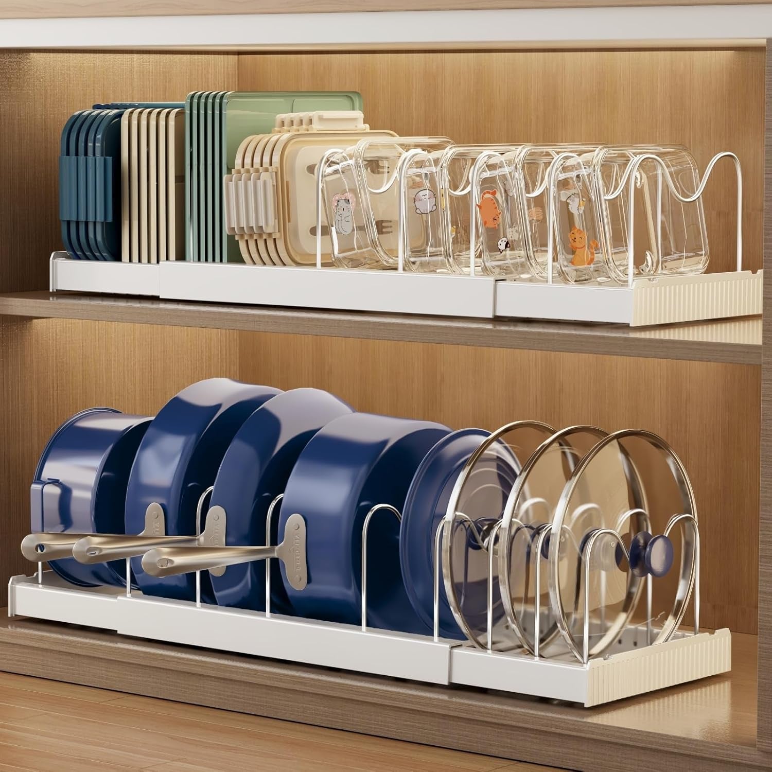 2-pack-expandable-food-storage-container-lid-organizers-22-pots-and-pans-organizer-under-cabinet-with-9-adjustable-dividers-pot-and-pan-lid-holders-rack-inside-cabinetwhite
