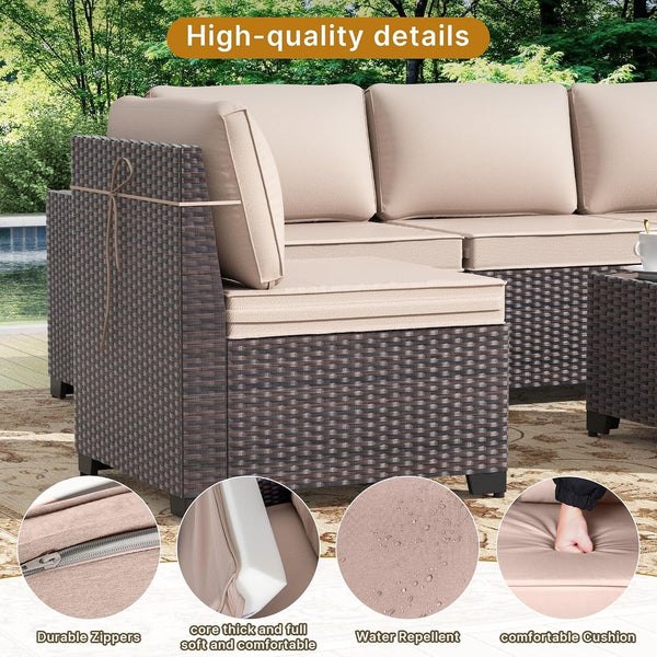 7 Pieces Patio Furniture Set with 55000BTU Fire Pit Table, Wicker Patio Set with Wide Armrests 29.5'' High Backrest Thick Cushions 1 Coffee Table, Outdoor Furniture for Porch Deck Khaki8