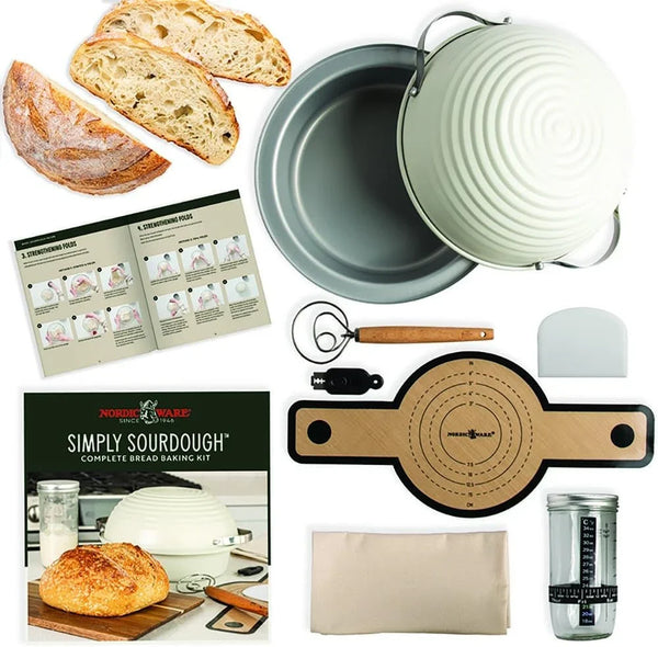Simply Sourdough™ Complete Bread Baking Kit BAKING PAN INCLUDED, Dual Use Banneton Lid, 22Pg Guide Book W/Recipes, Danish Whisk, Starter Jar, Cutter, Lifting Mat, Scraper, Cotton Liner1