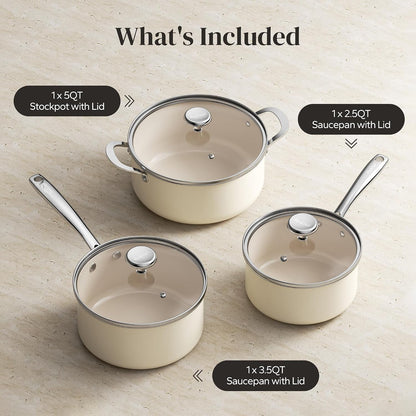 Stock Pot Set with Lid 5Qt, Ceramic Saucepan Set 2.5/3.5Qt, Induction Cooking Pot Set, Nonstick Cookware Set for Stoves, Even Heat, Stay-Cool Handle, Oven/Dishwasher Safe, PFAS Free (Beige)9