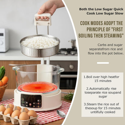 Low Sugar Rice Cooker - Multifunctional Low Carb Rice Cooke R with Auto-Lift Basket, Preset &Timer, Smart Glass Rice Cooker with Steaming, Boiling and Hotpot in One (White)3