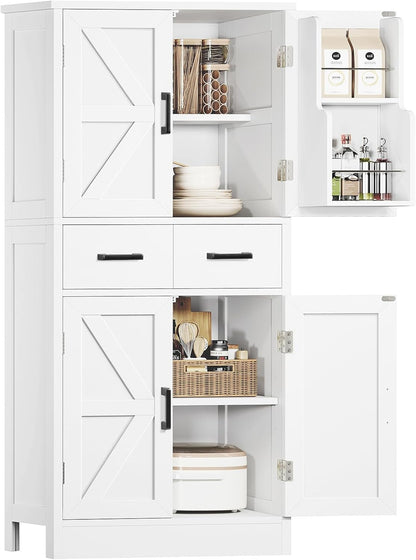 Pantry Cabinet with 2 Drawers, Kitchen Storage Cabinet with 4 Door Shelves, Kitchen Pantry for Living Room, Dining Room, Bathroom, White1