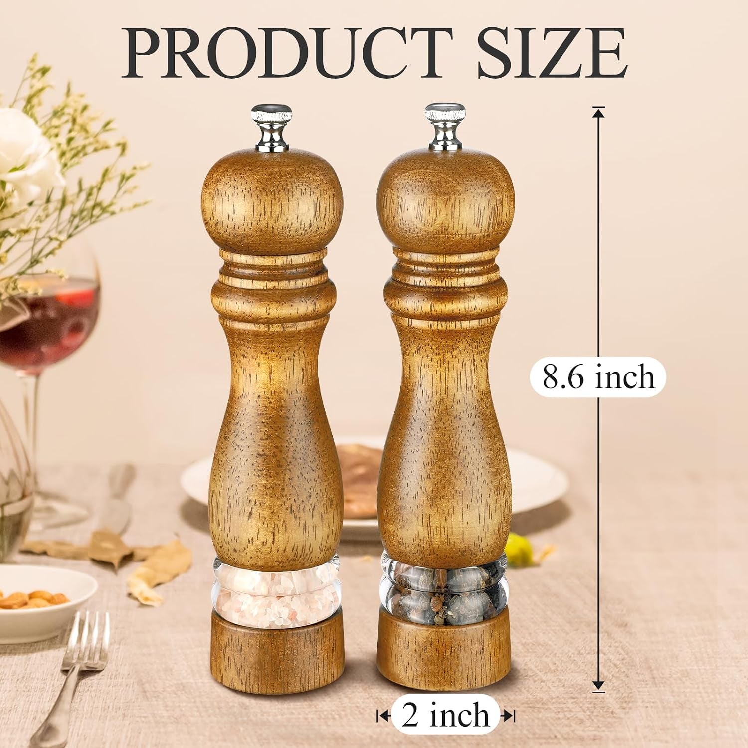 8inch-salt-and-pepper-grinder-set-manual-salt-pepper-shakers-wooden-pepper-mill-refillable-with-adjustable-ceramic-grinding-core-acrylic-visualization-window-design-2-pieces