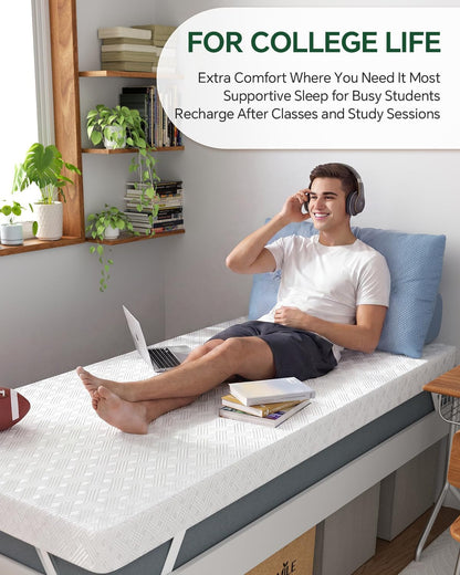 College Dorm Room Essential Twin XL Memory Foam Mattress Topper Pad | 3 Inch Memory Foam Mattress Pad, Firm Support for Hard Dorm Beds, Pressure Relief, Dualside, Spinal Align, Nonslip, Removable4