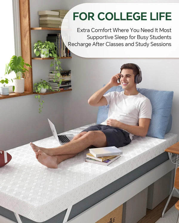 College Dorm Room Essential Twin XL Memory Foam Mattress Topper Pad | 3 Inch Memory Foam Mattress Pad, Firm Support for Hard Dorm Beds, Pressure Relief, Dualside, Spinal Align, Nonslip, Removable4