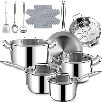 Stainless Steel Cookware Set - 20 PCS Pots and Pans Set with 3-Ply Stainless Steel Frying Pan, Professional Kitchen Cooking Set, Induction Compatible, Oven & Dishwasher Safe1