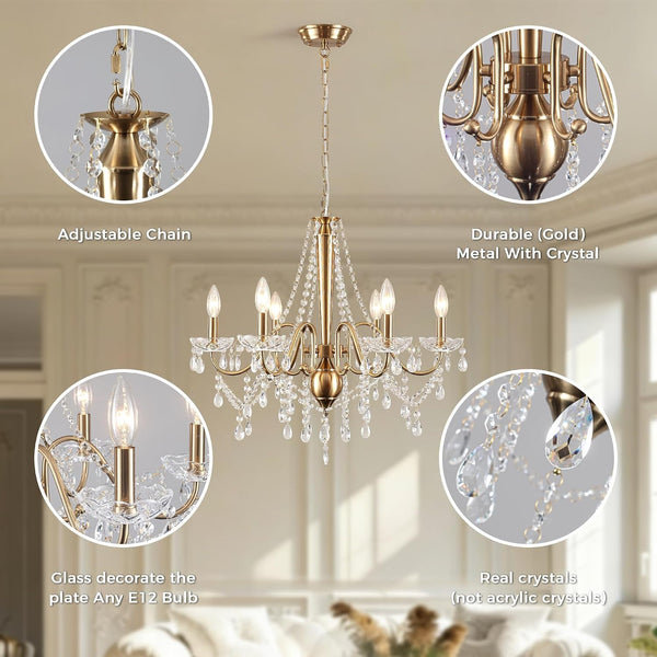 Gold Crystal Chandelier, 6-Light Candle Style French Chandelier with Clear Crystal, 25" Vintage Modern Farmhouse Dining Room Chandelier Light Fixture for Living Room Bedroom Kitchen Foyer Stairway4