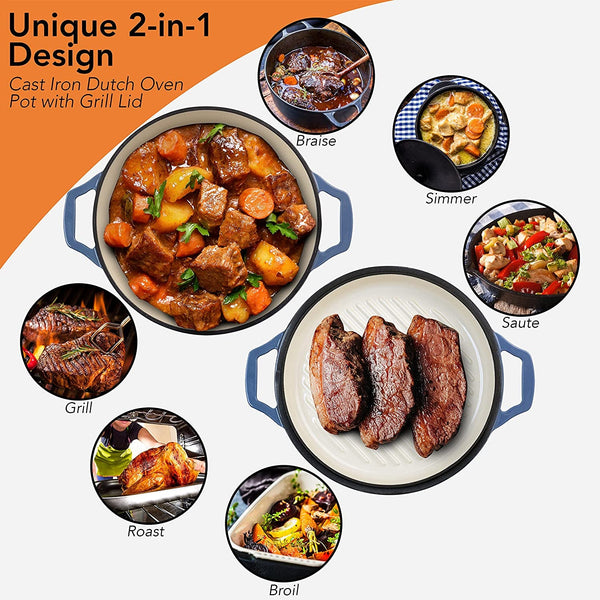 2-In-1 Enameled Cast Iron Braiser Pan with Grill Lid - 3.3-Quart Small Dutch Oven, Serves as Both Casserole & Stovetop Grill Pan, Cast Iron Cookware4