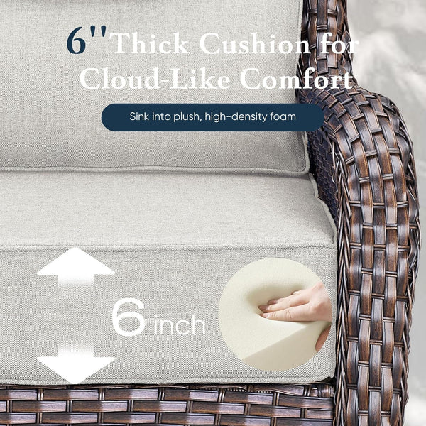 Luxury 6" Thick Cushioned 6 Pieces Patio Furniture Set with Outdoor Couch, Wicker Outdoor Conversation Set with High Back Swivel Rocker Chairs for Deck Porch Yard and Poolside - Brown+Beige4