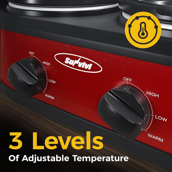 2 * 1.25 Quarts Dual Slow Cooker, Buffet Server & Warmer with 2 Removable Ceramic Pots, 3 Adjustable Temp Settings & 2 Visible Glass Lids, Stainless Steel, Red3