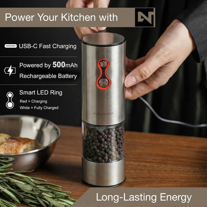 Electric Salt and Pepper Grinder Set USB-C Rechargeable, Dual-Speed Automatic Salt and Pepper Mills with 9 Adjustable Coarseness, Ceramic Burr, LED Light, Refillable, (Stainless Steel)6