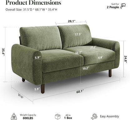 68" Loveseat Sofa, Comfy Chenille Fabric Couches for Living Room with Spring Cushion and Solid Wood Frame, Modern Deep Seat Couch for Bedroom, Apartment, Office, Easy Assembly,Green2