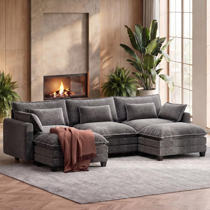 110.6" Modular Sectional Sofa, 5-Seat Chenille Couch with Deep Seat, Ottoman & Throw Pillows, U-Shaped Couch for Living Room, Grey1