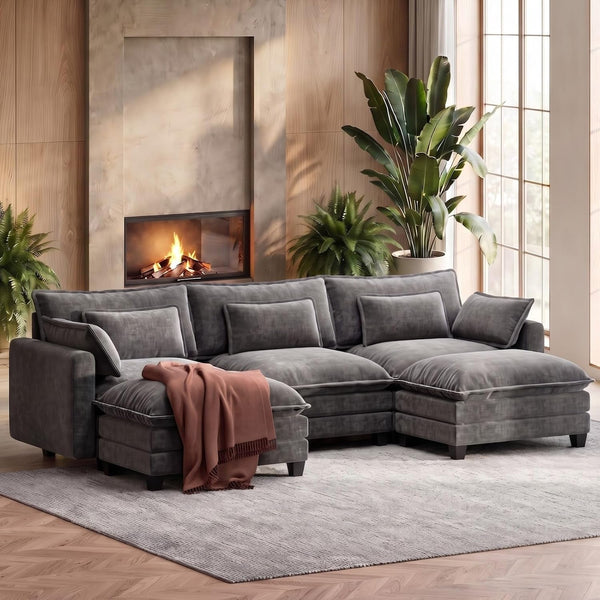110.6" Modular Sectional Sofa, 5-Seat Chenille Couch with Deep Seat, Ottoman & Throw Pillows, U-Shaped Couch for Living Room, Grey1