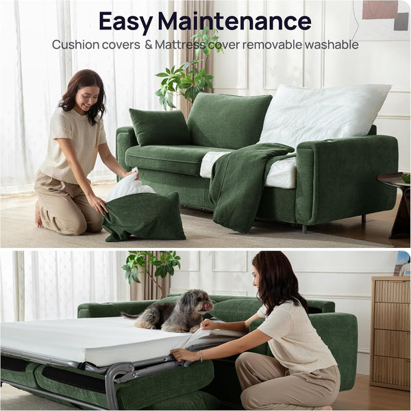 Pull Out Sofa Bed, No Cushion Removal, Queen Sleeper Sofa with USB Fast Charging, Memory Form Mattress, 2-In-1 Convertible Comfy Loveseat Couch Bed for RV, Apartment, and Small Spaces (Green)6